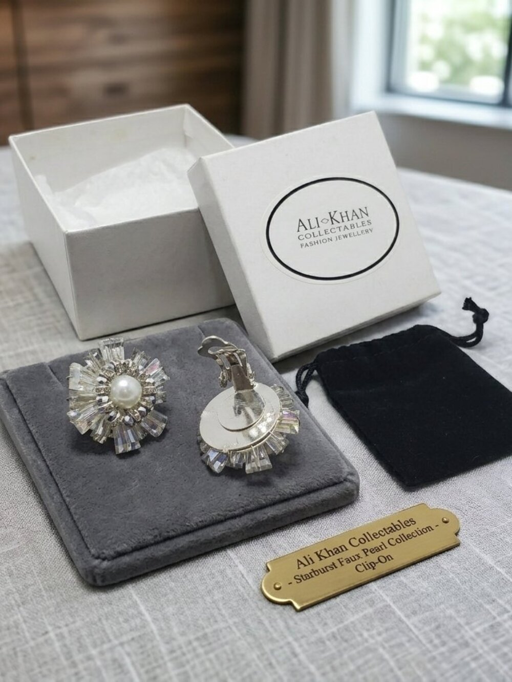 Ali Khan rhinestone pearl clip earring with gift box